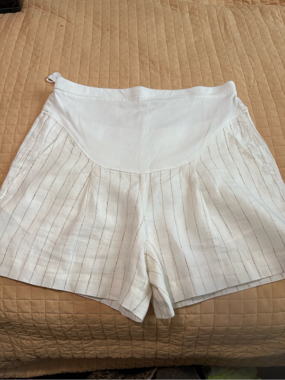 SELLYNEAR Women’s White Maternity Shorts with Subtle Stripe 100% line